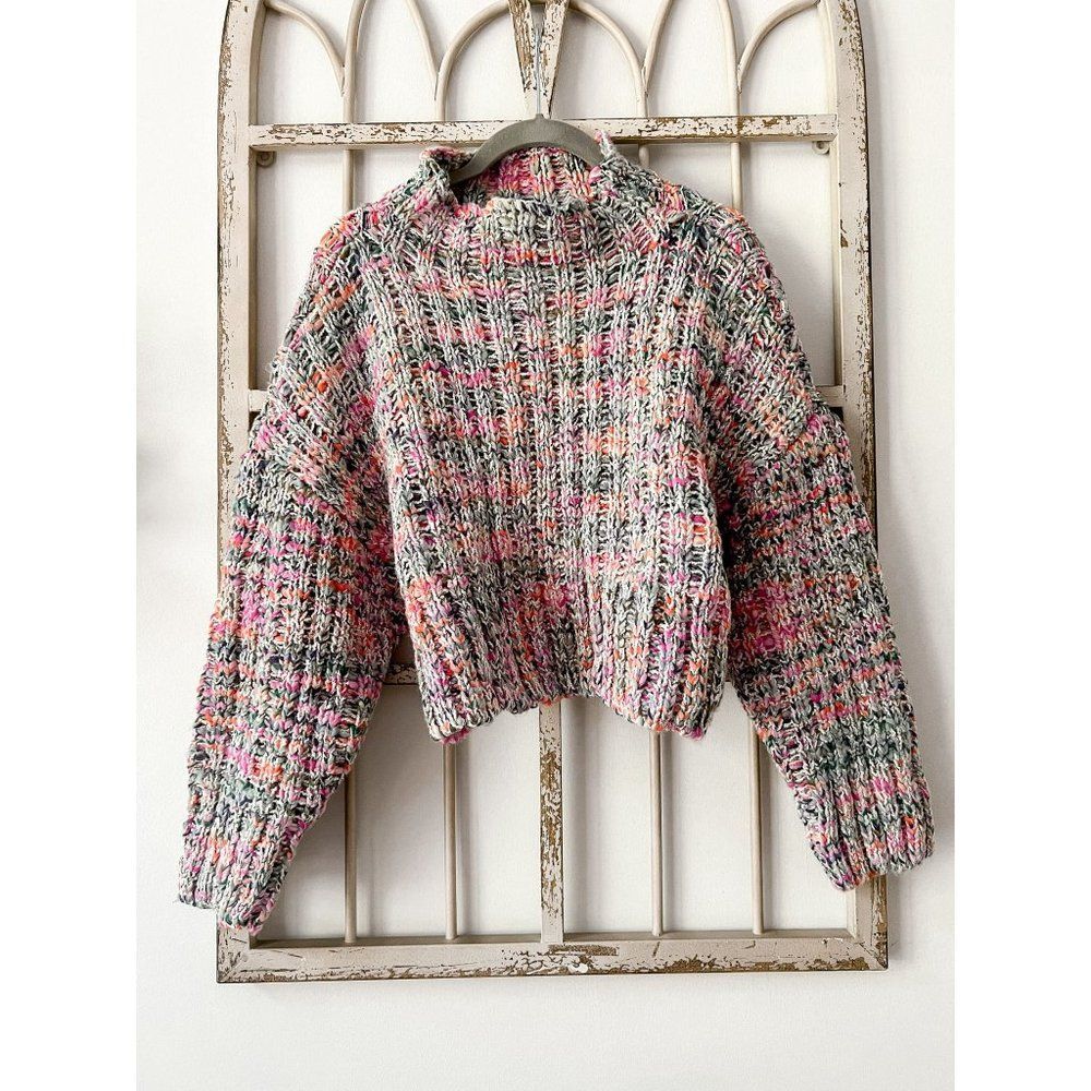 Free People Confetti Pullover Sweater Cropped Multicolor Chunky Turtleneck